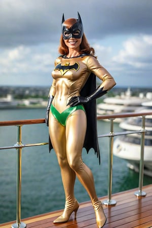 Soft focus. Hyper-realistic full length portrait of Batgirl. Slight grin. Green eyes sparkle as she stands at the railing on the deck of a luxury yacht. Soft lighting from the partly cloudy sky casts a warm glow on her tan skin.,vintage