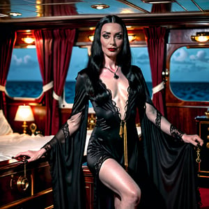 nsfw, soft focus, low saturation, low contrast, low diffused lighting, photorealistic, highest resolution possible, captured with Canon R5 and 300mm lens at f/8. Night has come in Jamaica. full length portrait of young Morticia Addams relaxing in her stateroom on a luxury yacht. She wears a black negligee. She is young and glamorous and strong on this beautiful Caribbean evening. Her skin is not shiny or glossy. 

High resolution, high color, 