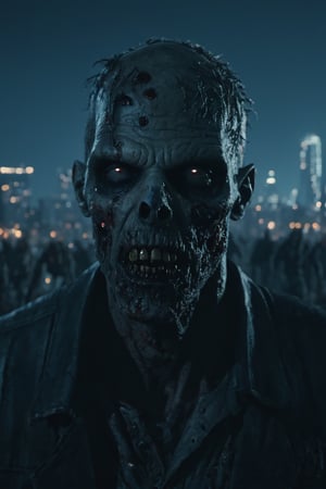 photography, walking death zombies, he looks towards the camera, walking towards a city, 
portrait: 8k resolution photorealistic masterpiece: 8k resolution concept art intricately detailed, zombie city at night background, intricate, sharp focus,  professional, unreal engine, extremly detailed, cinematic lighting, aesthetic, Detailedface, Movie Still,photo r3al