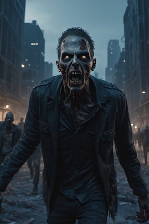 photography, walking death zombies, he looks towards the camera, scream, open mouth, aggressive, 
hands outstretched forward,
walking towards a city,

 
portrait: 8k resolution photorealistic masterpiece: 8k resolution concept art intricately detailed, zombie city at night background, intricate, sharp focus,  professional, unreal engine, extremly detailed, cinematic lighting, aesthetic, Detailedface, Movie Still,photo r3al