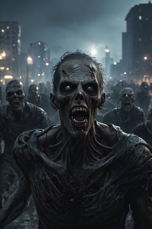 photography, walking death zombies, he looks towards the camera, scream, open mouth, aggressive, walking towards a city, 
portrait: 8k resolution photorealistic masterpiece: 8k resolution concept art intricately detailed, zombie city at night background, intricate, sharp focus,  professional, unreal engine, extremly detailed, cinematic lighting, aesthetic, Detailedface, Movie Still,photo r3al,HellAI