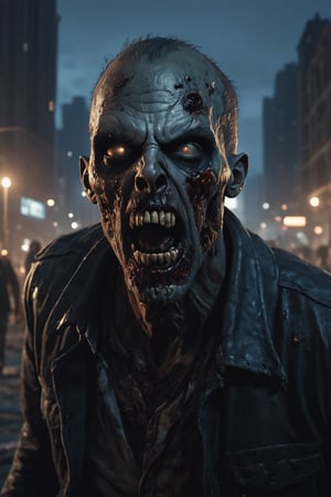 photography, walking death zombies, he looks towards the camera, scream, open mouth, aggressive, walking towards a city, 
portrait: 8k resolution photorealistic masterpiece: 8k resolution concept art intricately detailed, zombie city at night background, intricate, sharp focus,  professional, unreal engine, extremly detailed, cinematic lighting, aesthetic, Detailedface, Movie Still,photo r3al