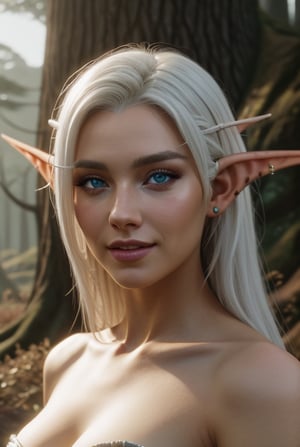 night elf woman,white hair, dark forest, 
beautiful woman portrait: 
8k resolution photorealistic masterpiece: 
8k resolution concept art intricately detailed, 1girl, 25 years old, stunning beautiful face, genuin smilelovely face, blue-brown eyes, beautifull,, complex, elegant, expansive, fantastical, style, Movie Still,r1ge,nightelf