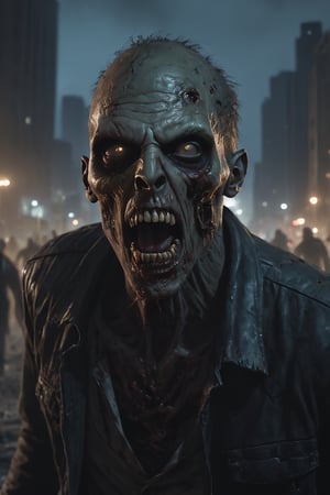 photography, walking death zombies, he looks towards the camera, scream, open mouth, aggressive, walking towards a city, 
portrait: 8k resolution photorealistic masterpiece: 8k resolution concept art intricately detailed, zombie city at night background, intricate, sharp focus,  professional, unreal engine, extremly detailed, cinematic lighting, aesthetic, Detailedface, Movie Still,photo r3al,HellAI