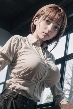  Low Angle from ((below angle)), Masterpiece, dominating girl, 1girl, in white casual shirt,tight shirt,  large breast, in black cotton (tight) trousers, looking at viewer,biting lips, highly attractive,S shaped body,sexy pose,tight buttons,(perfecteyes) , showcasing to the viewer, (sexy) , large breast,makima boobs\(chainsaw man\), glowing golden eyes,
