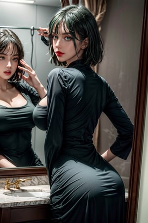  ,1 girl, looking at mirror, wearing lipsticks,sexy pose, green hair, green clothes, beautiful face,fubuki,large round smooth breast,round ass,fubuki dress