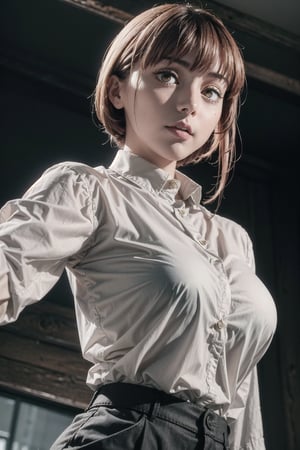  Low Angle from ((below angle)), Masterpiece, dominating girl, 1girl, in white casual shirt,tight shirt,  large breast, in black cotton (tight) trousers, looking at viewer,biting lips, highly attractive,S shaped body,sexy pose,tight buttons,(perfecteyes) , showcasing to the viewer, (sexy) , large breast,makima boobs\(chainsaw man\), glowing golden eyes,