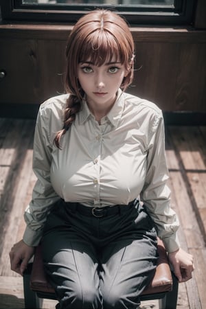 Masterpiece, dominating girl, 1girl, in white casual shirt,tight shirt, flaunting  large breast, straight angle, in black cotton trousers, looking at viewer, highly attractive,S shaped body,sexy pose,tight buttons,(perfecteyes) , showcasing to the viewer, (sexy) , large breast,makima boobs\(chainsaw man\), sitting on throne,queen, glowing golden eyes