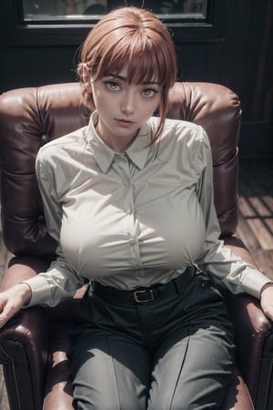 Masterpiece, 1girl, in white casual shirt,tight shirt, flaunting  large breast, in black cotton trousers, looking at viewer, playful, highly attractive,S shaped body,sexy pose,tight buttons,(perfecteyes) , showcasing to the viewer, (sexy) , large breast,makima boobs\(chainsaw man\), sitting on throne,queen, glowing golden eyes