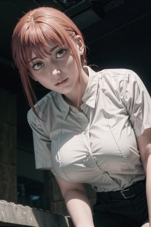  Low Angle from ((below angle)), Masterpiece, dominating girl, 1girl, in white casual shirt,tight shirt,  large breast, in black cotton (tight) trousers, looking at viewer,biting lips, highly attractive,S shaped body,sexy pose,tight buttons,(perfecteyes) , showcasing to the viewer, (sexy) , large breast,makima boobs\(chainsaw man\), glowing golden eyes,makima (chainsaw man), blood splash, legs