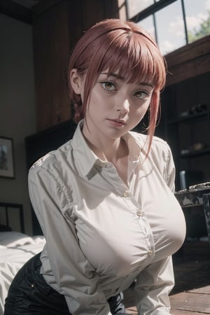  Low Angle from ((below angle)), Masterpiece, dominating girl, 1girl, in white casual shirt,tight shirt,  large breast, in black cotton (tight) trousers, looking at viewer,biting lips, highly attractive,S shaped body,sexy pose,tight buttons,(perfecteyes) , showcasing to the viewer, (sexy) , large breast,makima boobs\(chainsaw man\), glowing golden eyes,makima (chainsaw man), blood splash