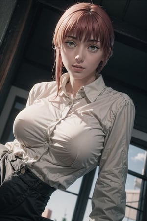  Low Angle from ((below angle)), Masterpiece, dominating girl, 1girl, in white casual shirt,tight shirt,  large breast, in black cotton (tight) trousers, looking at viewer,biting lips, highly attractive,S shaped body,sexy pose,tight buttons,(perfecteyes) , showcasing to the viewer, (sexy) , large breast,makima boobs\(chainsaw man\), glowing golden eyes,makima (chainsaw man)
