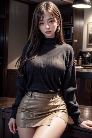 girl, medium chest, high Res, perfect face, magnificent eyes, perfect breast,(wearing sweater, mini skirt), curvy body,, seductive, high Res, Beautiful body, Digital art, (8k, RAW photo, highest quality, masterpiece), High detail RAW color photo professional photo, (realistic, photorealism), (highest quality), (best shadow), (best illustration), ultra high resolution,nobara kugisaki,brown eyes,k41f