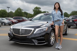 photorealism, canon 5d mk iv, 700mm, It's a partly cloudy day. The main focus of this scene is a beautiful 2010 Mercedes-benz s350. Headlights are fully visible. It is a stunning piece of automotive design. The setting is a parking lot. A Beautiful Asian-American woman is standing beside the car, smiling, wearing jean shorts and a partially buttoned man's shirt in running shoes.