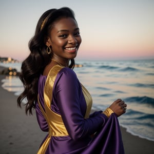  a smiling princess with dark skin wearing gold jewelry and a flowing purple garment at night by the sea at night.