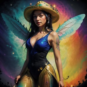 full figure. girl with fairy wings. Sombrero. gun. Bright vibrant colors. 

High detailed , Color magic, Saturated colors, High detailed, ,High detailed 