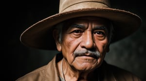Side light Photorealistic older
 Mexican man with sombrero. 
dark eyes.. 

High detailed ,Color magic,Saturated colors