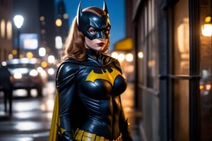 photorealism, canon 5d mk iv, 700mm, full body shot. It's a beautiful night in Gotham City. Batgirl goes window shopping. There are cars on the street, people strolling on the sidewalk. 