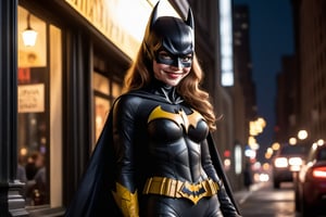 photorealism, canon 5d mk iv, 700mm, full body shot. It's a beautiful night in Gotham City. Smiling Batgirl goes window shopping. There are cars on the street, people strolling on the sidewalk. 