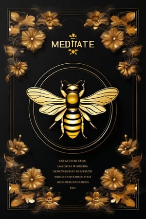 a black and gold background with the text meditate at the middle of the image. Also decorate the corners of the image with bees and flowers. The text meditate should be highly visible at the center of the image. The image at the center should be a tiny christian cross instead of someone meditating
