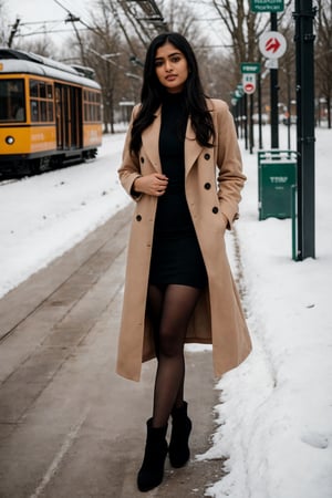 RAW photo, (full body shot), zoom on body, portrait photo of a 25 y.o young beautiful black haired TELUGU woman standing at the tram stop, extremely pretty face, sexy legs, makeup,  girl wearing an elegant trenchcoat and pantyhose and Arrow Head Chunky Heel Side Zipper Ankle Boots, natural skin, midday, snow, 8k uhd, high quality, film grain, Fujifilm XT3