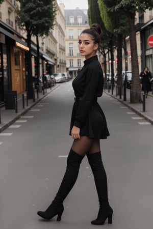 RAW photo, (full body shot), photo of a 25 y.o beautiful french Arab 20 y.o. girl with a full makeup in a glamorous outfit, walking through the paris street, wearing black thigh-high boots and pantyhose and a bodycon black cotton mini dress, sideview, elegant ballerina hairbun, 8k uhd, high quality, film grain, Fujifilm XT3