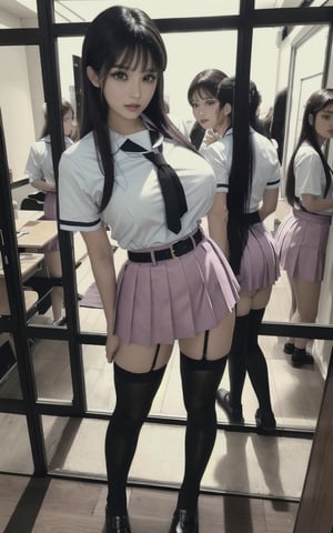 (best quality, masterpiece, RAW photo,ultra-detailed:1.2),realistic,detailed face,beautiful, huge breasts, looking at viewer, 
multipleGirlsGroup_v10:0.5,Harem,multiple girls,3girls,line-up, (school uniform, serafuku, pleated miniskirt, miniskirt, mini thighhighs),detailed panties, gart belt,
standing on show-window, add_detail:0.4