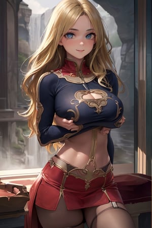 (best quality)), ((master part)), ((Realistic)), (Circulated, ultra-detailed, Absurd), Photo of a young woman ((Beautiful, 18 years old, toned body, detailed body and hourglass, long blonde hair, blonde hair, voluminous very long, warm blonde hair, giant breasts, giant breasts, giant breasts, giant breasts: 1.8, detailed and expressive eyes, Perfect and detailed face, Loire, 2 hands, 2 arms)) , totally naked forest, (()), 7/8 stockings, 7/8 stockings, garter belt, garter belt, waterfalls, river, waterfall, resplendent and seductive smile