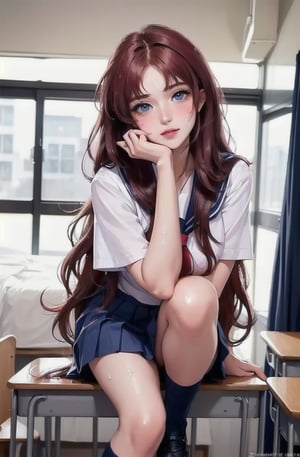 best quality, Detailed background, depth of field, volumetric lighting, sharp focus, Absurd,) pretty face,1 girl, 18 years old, 1milf, huge bust(bust topless), long hair, redhair, voluminous hair, wavy hair, Perfect detailed blue eyes, blushing, ( School uniform, JK school uniform, Serafuku, pleated skirt, 7/8 socks)), Look at the viewer, standing, (image shows from head to knee: 1.3), University Bedroom, evoked pose, hands free, (sweat : 1.2) ,