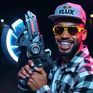 An photo of an African American man wearing a white and black checkered flannel shirt with with his silver sparkling teeth revealed and his lips are reflective.
he is looking into the viewer and he has a snapback hat with the word "FLUX" , he is wearing a golden tinted glasses with silver sparkling handles.
he firmly grips A small sleek futuristic cyber hunter's axe-gun glows with neon blue lines as it hangs at an angle from a shoulder holster. The metallic grip reflects dimly lit cityscapes in the background, while the razor-sharp blade appears ready to dismember any rogue AI threats.