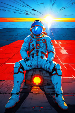 A lone astronaut, blue space helmet, dressed in a worn white spacesuit, sits atop a sleek black car, parked on a desolate stretch of asphalt. The sun beats down, casting a warm glow over the scene. The astronaut's helmet is tipped back, revealing a hint of exhaustion, as they gaze out at the endless horizon.