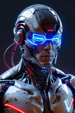 A man, cyborg half glass helmet, cyborg armor, red neon lights, highly detailed, ultra HD, 4k resolution, CYT