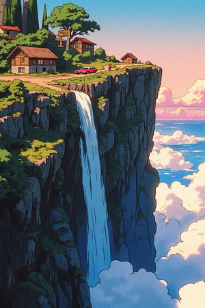 A retro anime of fantastical depiction of a towering cliff that rises above a sea of fluffy white clouds. The cliff is adorned with lush greenery, including trees and shrubs, and cascades down its side, creating a waterfall effect. Atop the cliff, there are quaint wooden houses with thatched roofs, nestled among the greenery. A solitary car is parked on the cliff's edge, and a person stands nearby, seemingly enjoying the view. The sky above is painted in a gradient of soft blues and pinks, the image tinted by color of sunset. The overall style of reminiscent of anime or manga art, characterized by its detailed and lifelike representation.