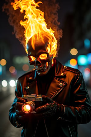 Capture the essence of a person as a blazing figure emerges from the shadows. A person with a flaming black skull head, hair ablaze like fiery serpents, wears a black leather jacket adorned with intricate details that seem to writhe in the flickering light. The individual holds a burning metallic camera, its lens glowing like hot coals. In the dark and blurred urban night background, the intense, fiery glow from the skull creates an eerie, supernatural atmosphere.