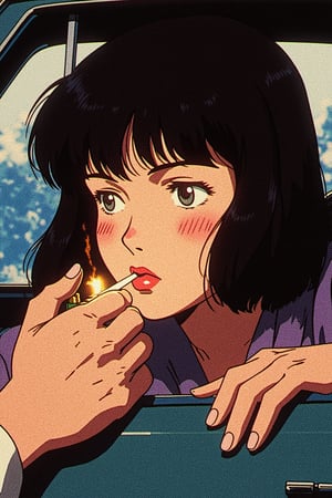 a retro anime of a woman with a bob haircut, lighting a cigarette with a lighter. She is leaning out of a car, with a man's hand visible on the left side of the frame. The woman's lips are slightly parted, and she appears to be in a moment of relaxation or contemplation. The lighting from the lighter illuminates her face, highlighting her features and the texture of her hair. The background is blurred, suggesting a shallow depth of field, and the colors are muted, with the woman's dark hair contrasting against the lighter and the car's interior. The overall mood of serene and introspective.