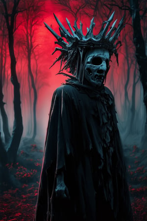 creepy land , In a foreboding, crimson-lit clearing deep within a dark, mystical forest, a figure emerges. A man clad in a tattered black suit wears an unsettling crown constructed from jagged, skeletal remains. The air is heavy with foreboding as he stands, his presence seeming to draw the shadows closer.