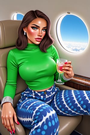 1Girl, vu art , a woman seated inside a private jet. She is dressed in a vibrant green sleeveled top with a turtle neck and blue and white patterned pants, accessorized with a large silver bracelet and earrings. She holds a clear glass with a drink , and there's a light The interior of the jet is clean and well-lit, with a circular window that offers a view of the sky. The woman's pose is relaxed, with one leg crossed over the other, Vu art