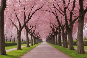 an enchanting avenue lined with cherry trees in full bloom forming a pink canopy