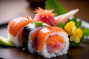 gourmet food photo of sushi and sashimi, soft natural lighting, macro details, vibrant colors, fresh ingredients, glistening textures, bokeh background, styled plating, wooden tabletop, garnished, tantalizing, editorial quality
