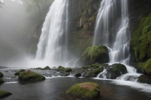 cascading waterfall shrouded in mist with water tumbling down in a mesmerizing display