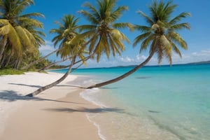 sandy beach with turquoise waters and palm trees swaying in the breeze