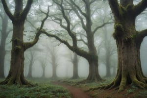 an enchanted forest with mist ancient trees and an air of magic