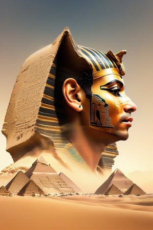 double exposure style, Egyptian pharaoh side view, pyramids, desert,