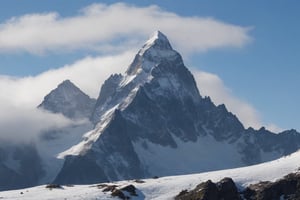 towering peaks often capped with snow against a blue sky or shrouded in mist