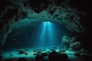 an underwater cave with bioluminescent organisms and crystal-clear waters