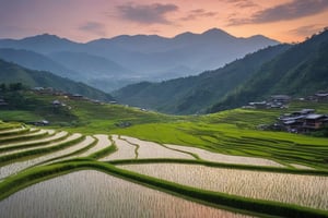 terraced rice paddies reflecting the sky's colors and mountain backdrop