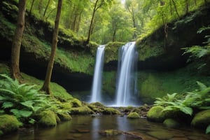 secluded waterfall tucked away in a lush green forest reachable only by a hidden path