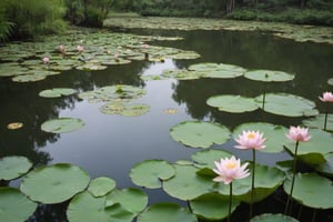 serene pond covered in delicate lotus flowers in various stages of bloom