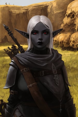 woman, elf, (colored skin, grey skin), (red eyes), pointed ears, large breasts, gothic, black lipstick, (long hair), white hair, (short), wide hips, somber expression wearing medieval fantasy armor, black armor, skull embellishments, scale_mail, black leather, chest harness, (skindentation), realistic, high quality, (dynamic angle), dark graveyard background with glowing moon overhead, drow, dark elf