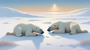 Christmas on the Arctic snowfield,happy polar bears cuddling, cute critters, by oliver jeffers
